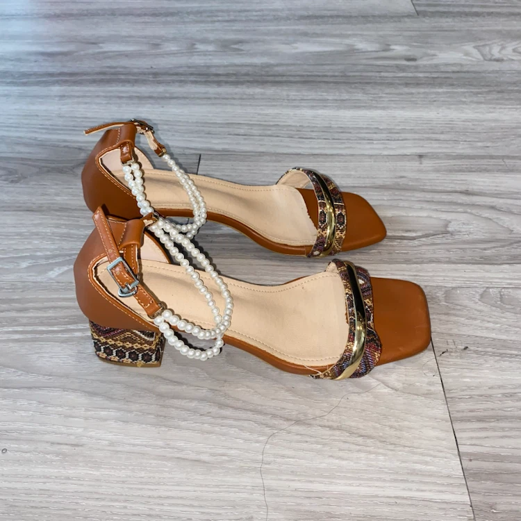 Brown Strappy Block Heel Sandals with Pearls - photo 4