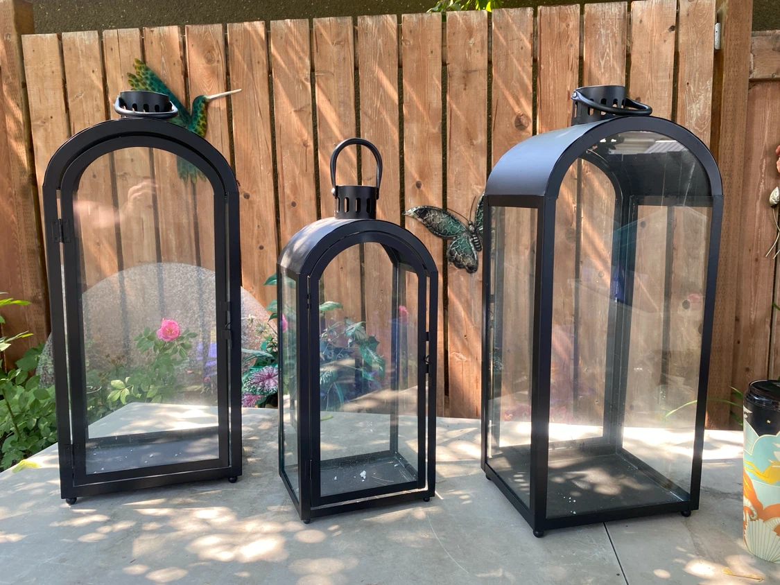 Set of 3 Black Metal & Glass Lanterns