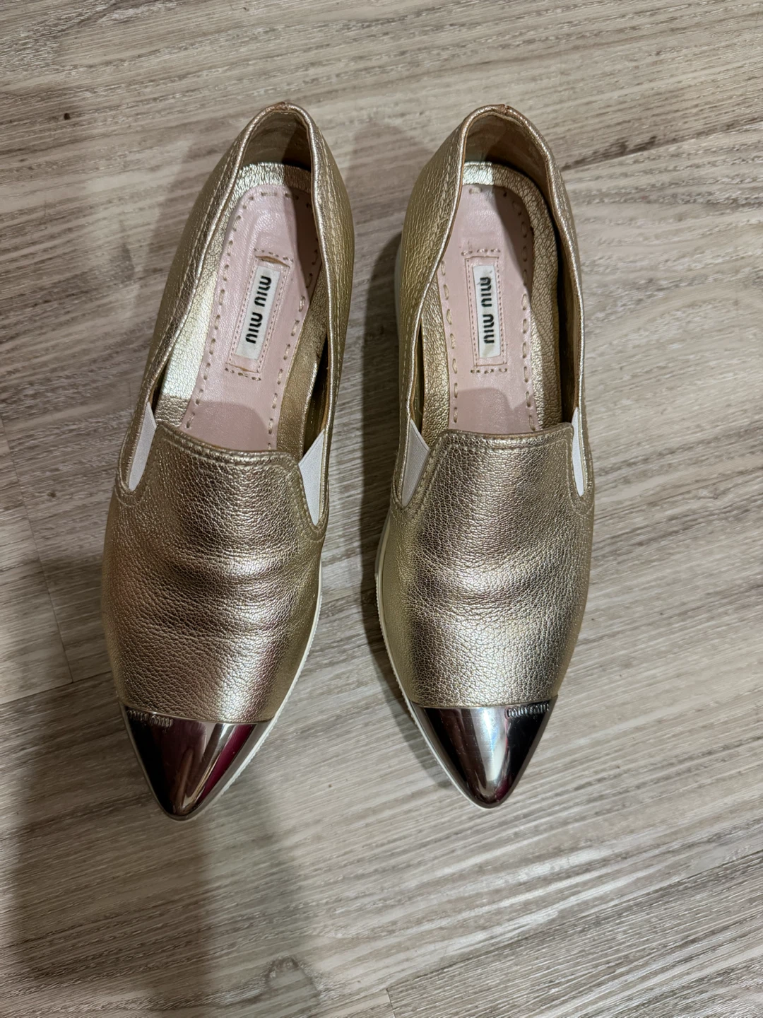 Miu Miu Gold Metallic Slip-On Shoes