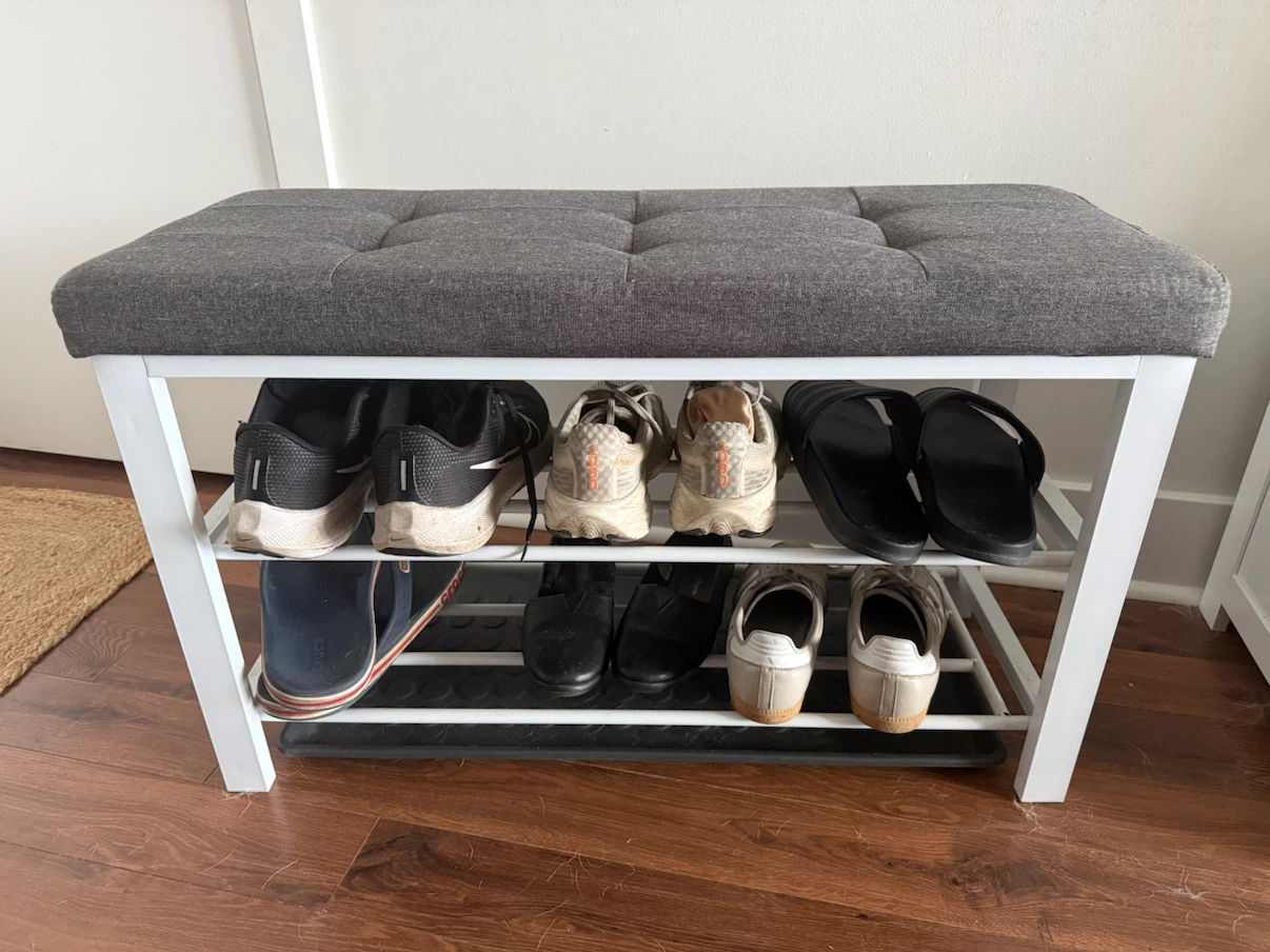 Grey Tufted Shoe Bench with Storage
