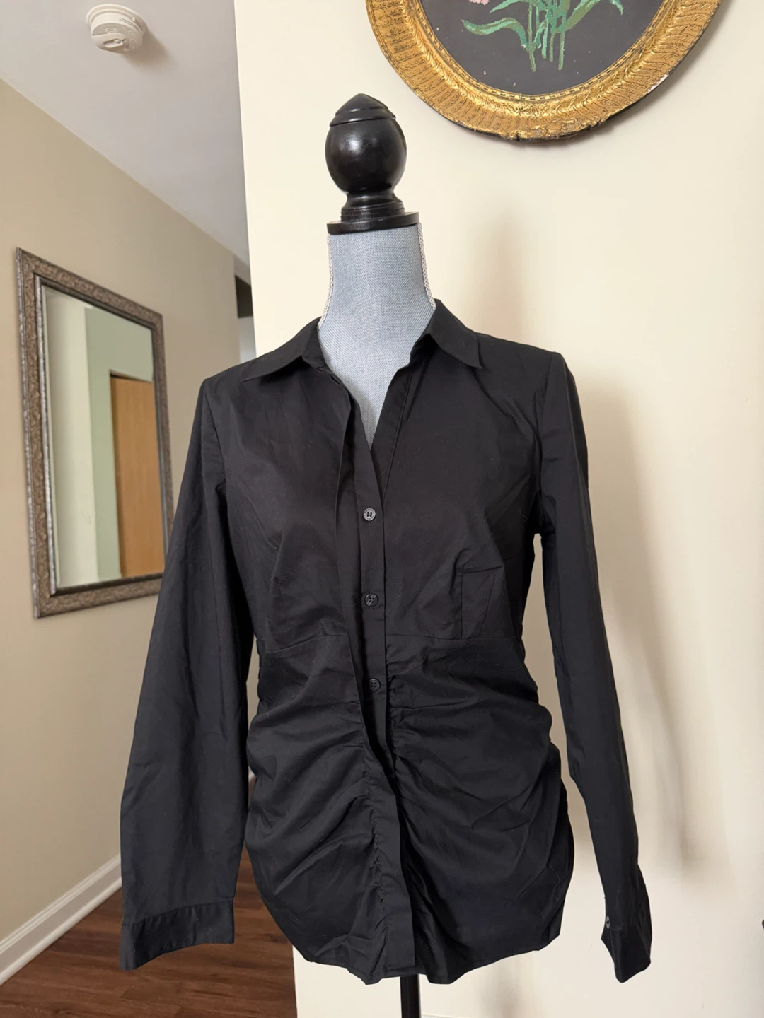 Black Long Sleeve Ruched Button-Up Shirt