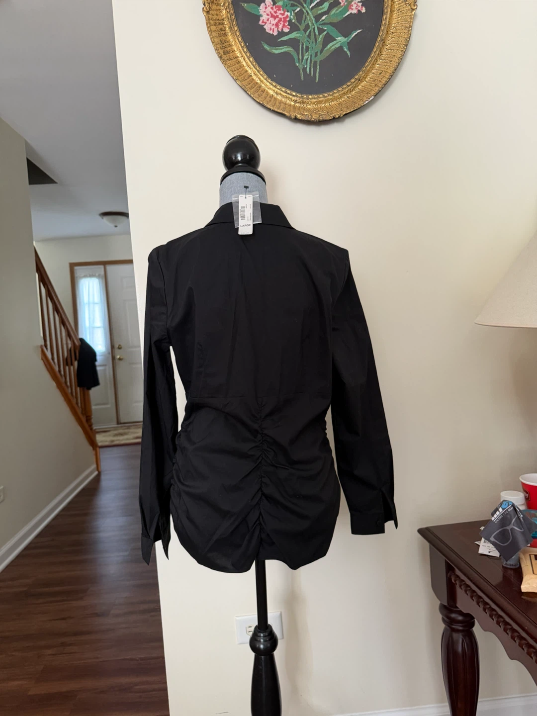 Black Long Sleeve Ruched Button-Up Shirt - photo 2
