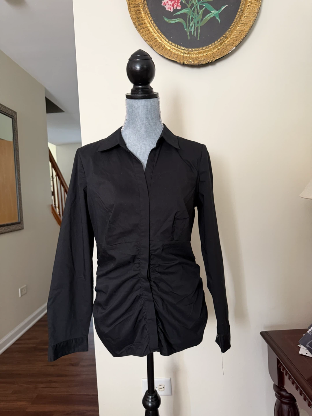 Black Long Sleeve Ruched Button-Up Shirt - photo 4