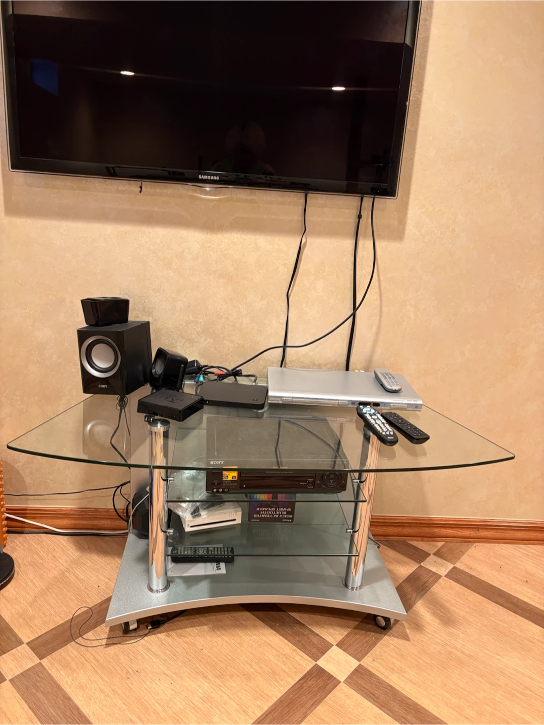 Glass TV Stand with Wheels