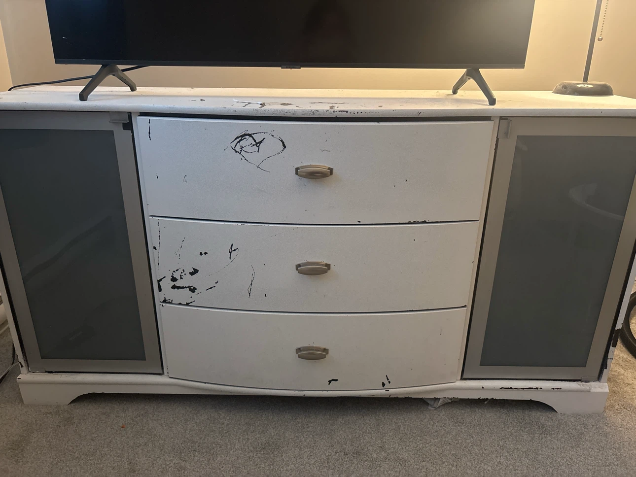 White Dresser with 3 Drawers and Side Cabinets
