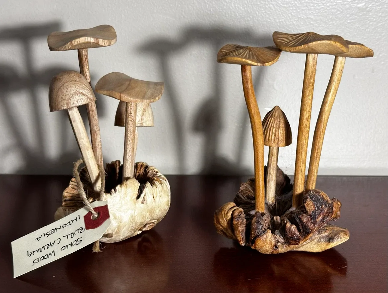Hand-Carved Wooden Mushroom Sculpture Pair
