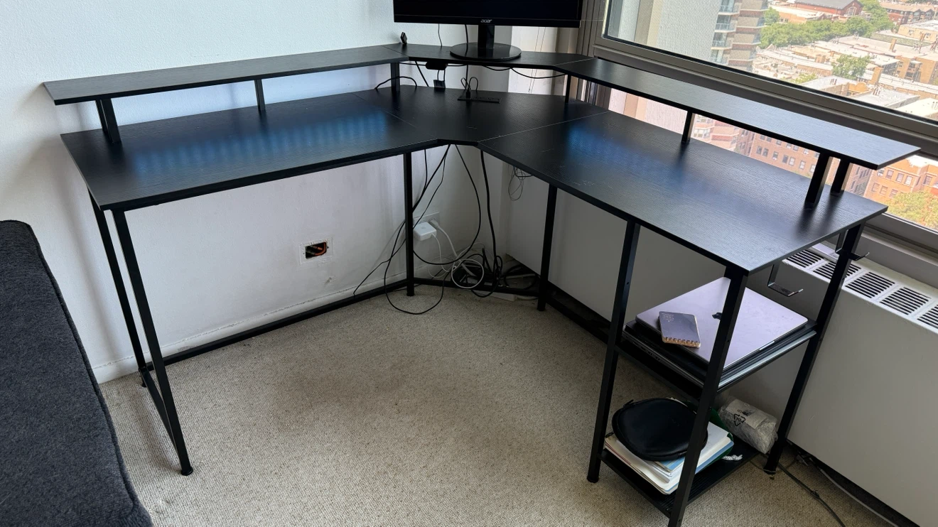 Black L-Shaped Corner Desk with Monitor Shelf