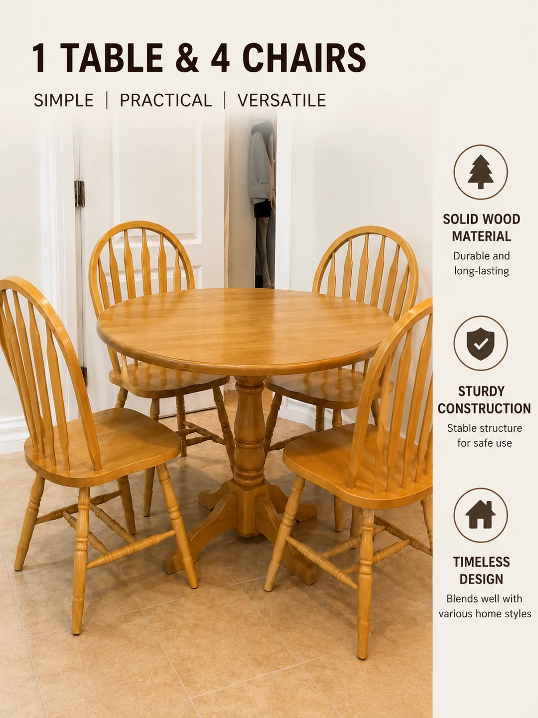 Solid Wood Round Dining Table Set – Table + 4 Chairs