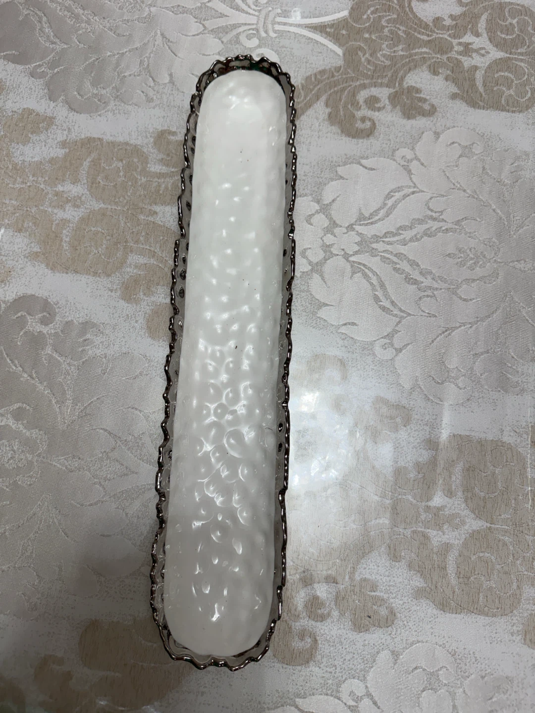 White Textured Serving Dish with Silver Trim