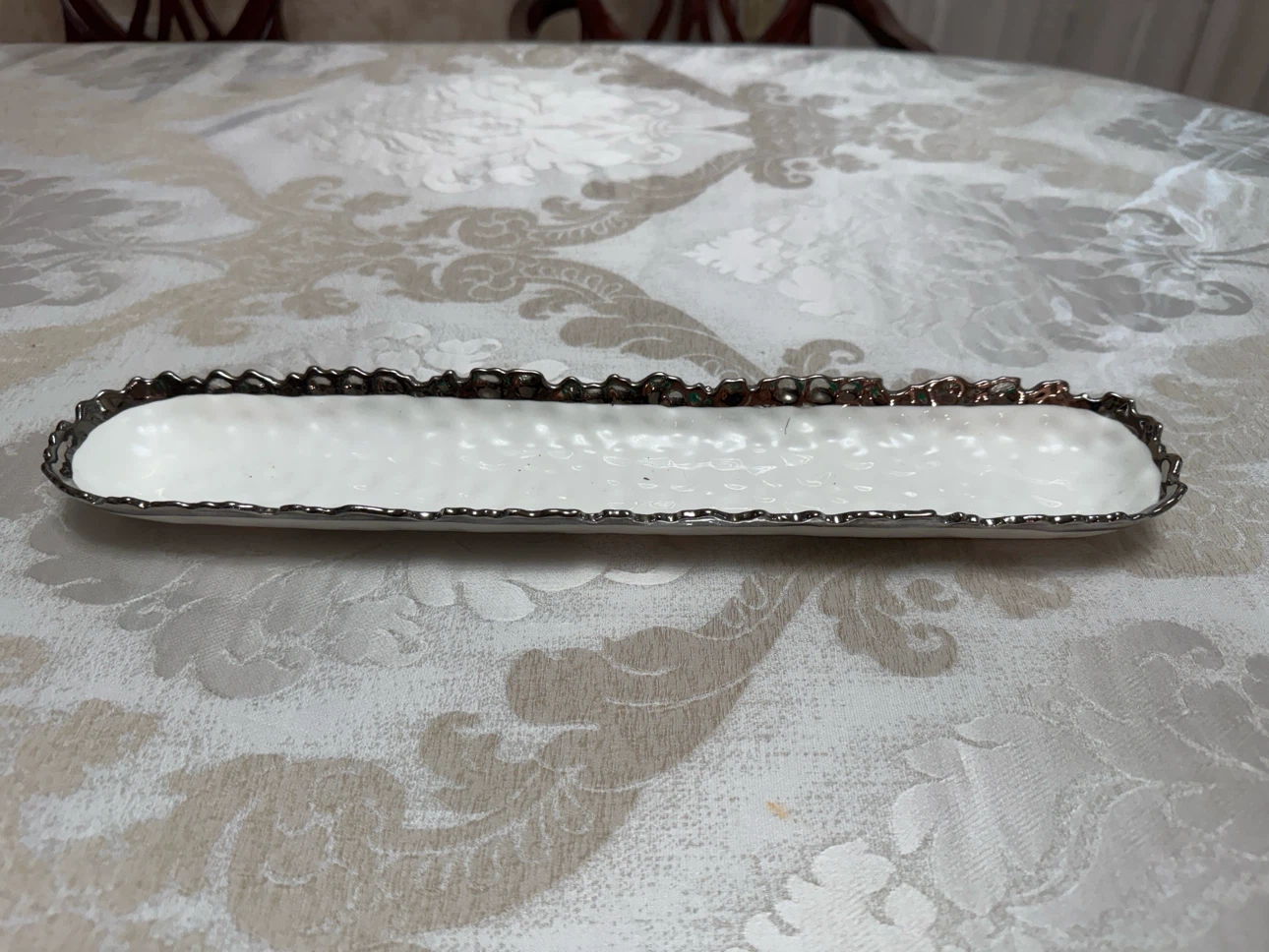 White Textured Serving Dish with Silver Trim - photo 2
