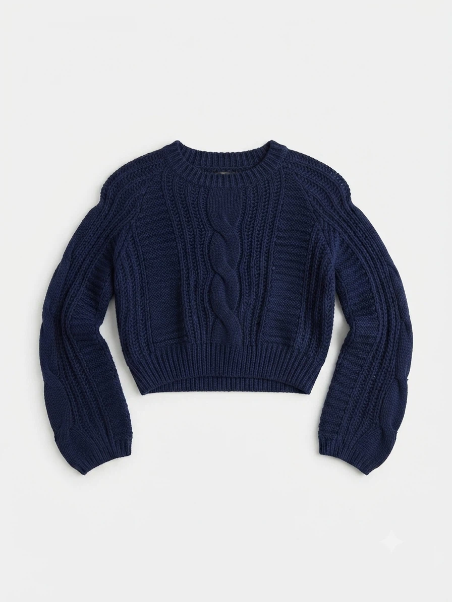 Navy Blue Cable-Knit Cropped Sweater with Statement Sleeves