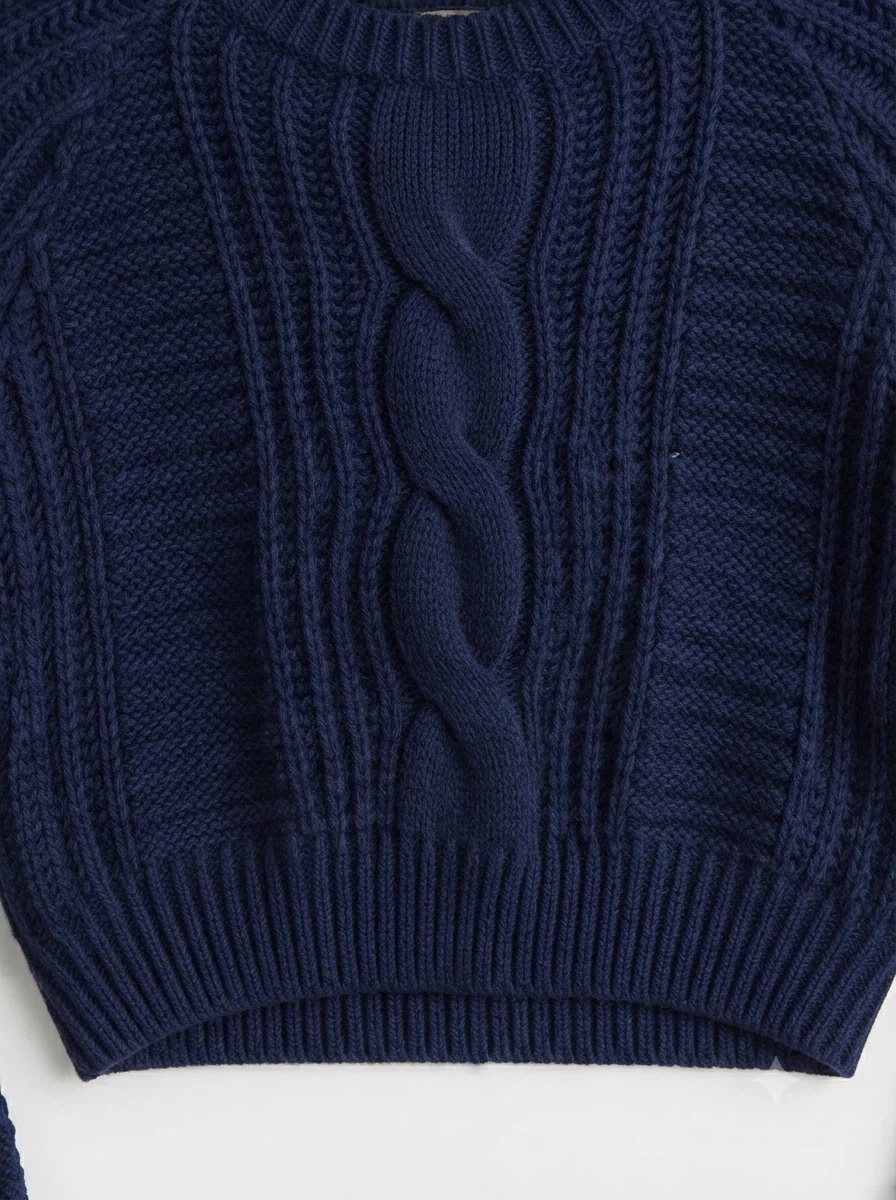 Navy Blue Cable-Knit Cropped Sweater with Statement Sleeves - photo 2