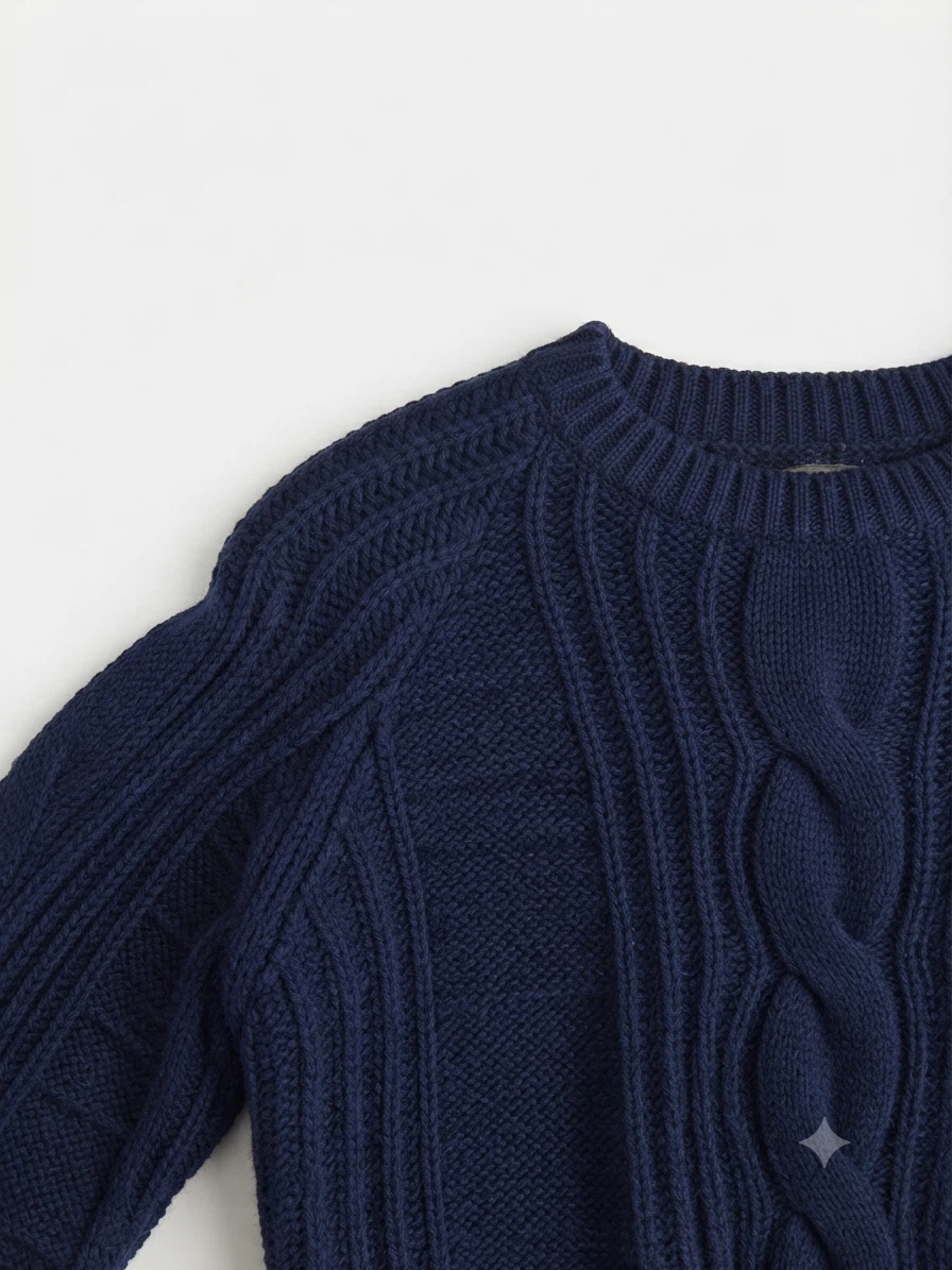 Navy Blue Cable-Knit Cropped Sweater with Statement Sleeves - photo 3