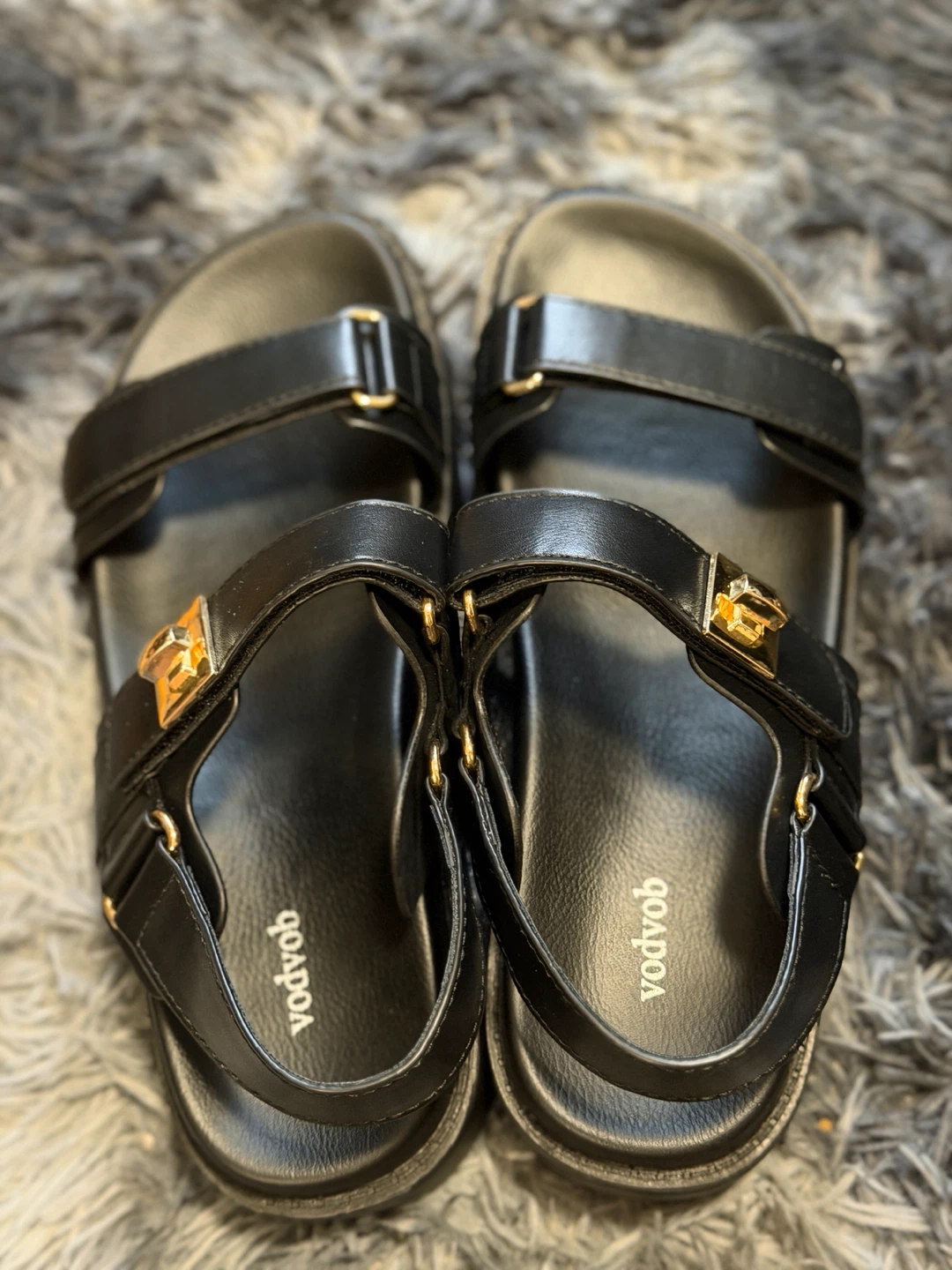 VODVOV Black Sandals with Gold Buckle Accents