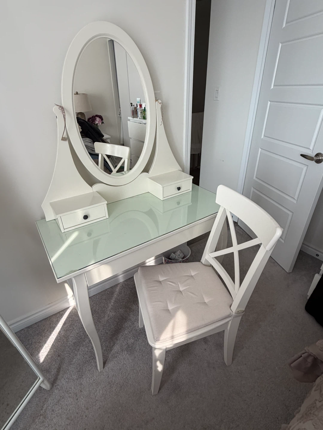 White IKEA Hemnes Vanity Set with Mirror and Chair