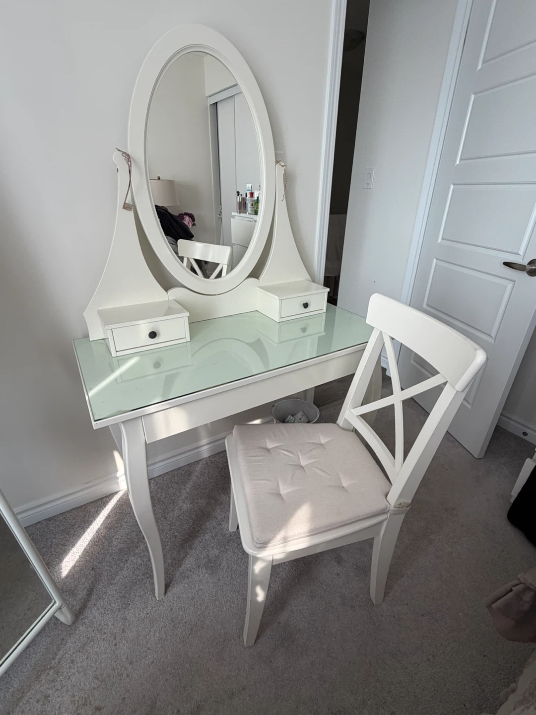 White IKEA Hemnes Vanity Set with Mirror and Chair - photo 2
