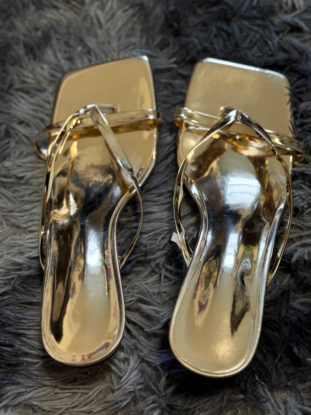 Gold Square Toe Thong Heeled Sandals