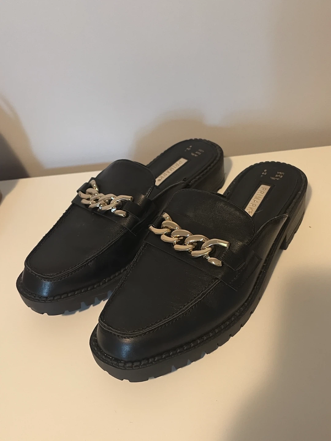 Primark Black Gold Chain Loafer Mules - Size 8