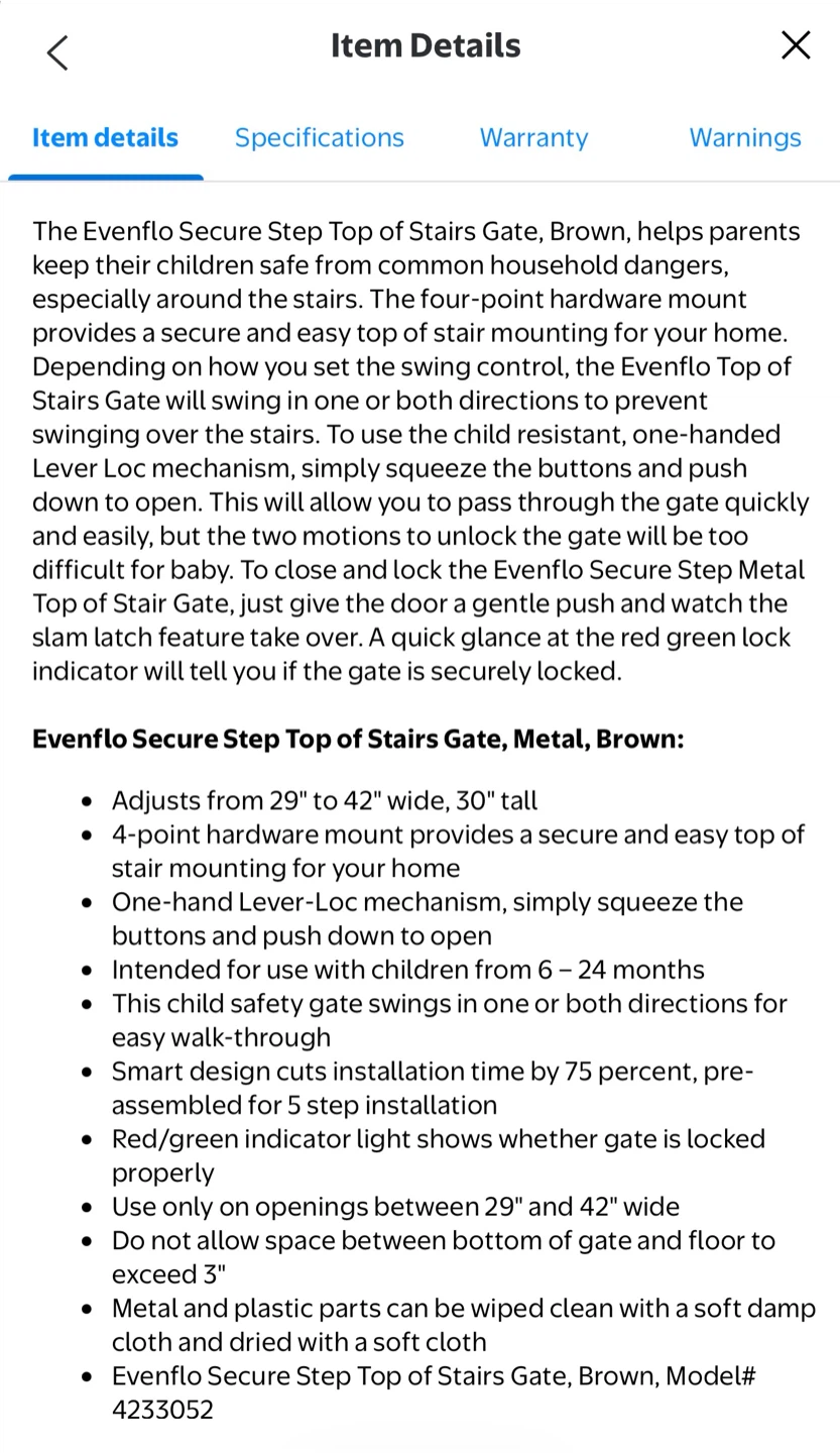 Evenflo Top of Stairs Metal Baby Gate, Beige, 29"-42" - photo 4