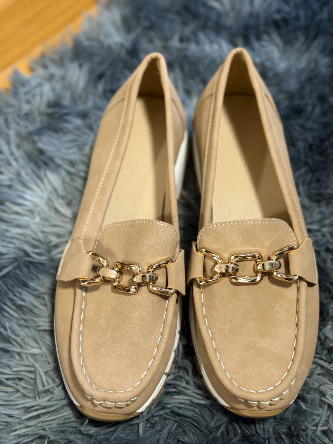 Tan Loafers with Gold Chain Detail