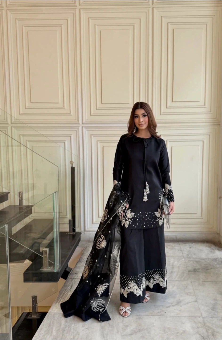 Black Thai silk embroidered kurta and pants set