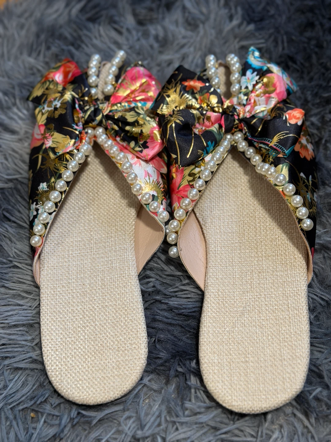 Floral Bow Slides with Pearls