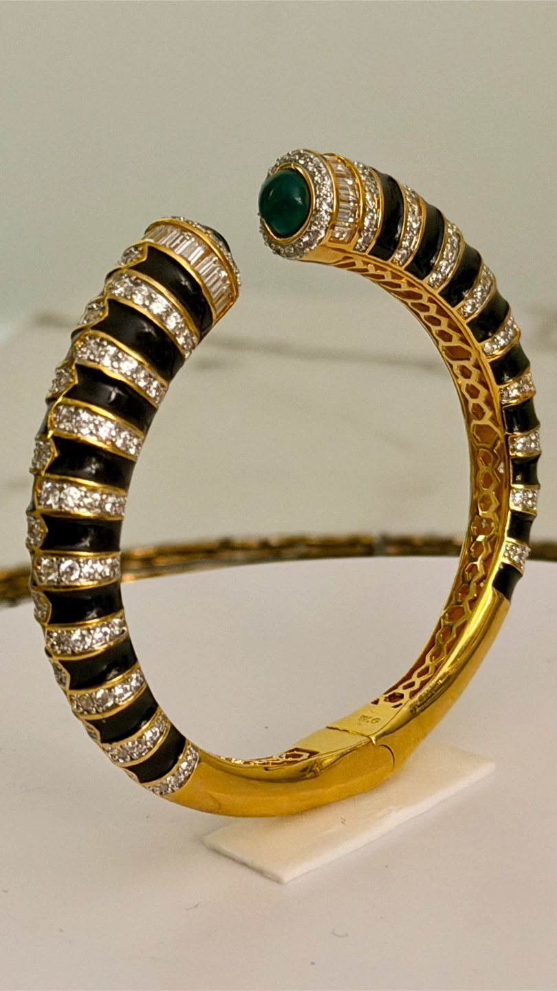 Gold, Emerald with black enamel diamente crystal Bangle Bracelet