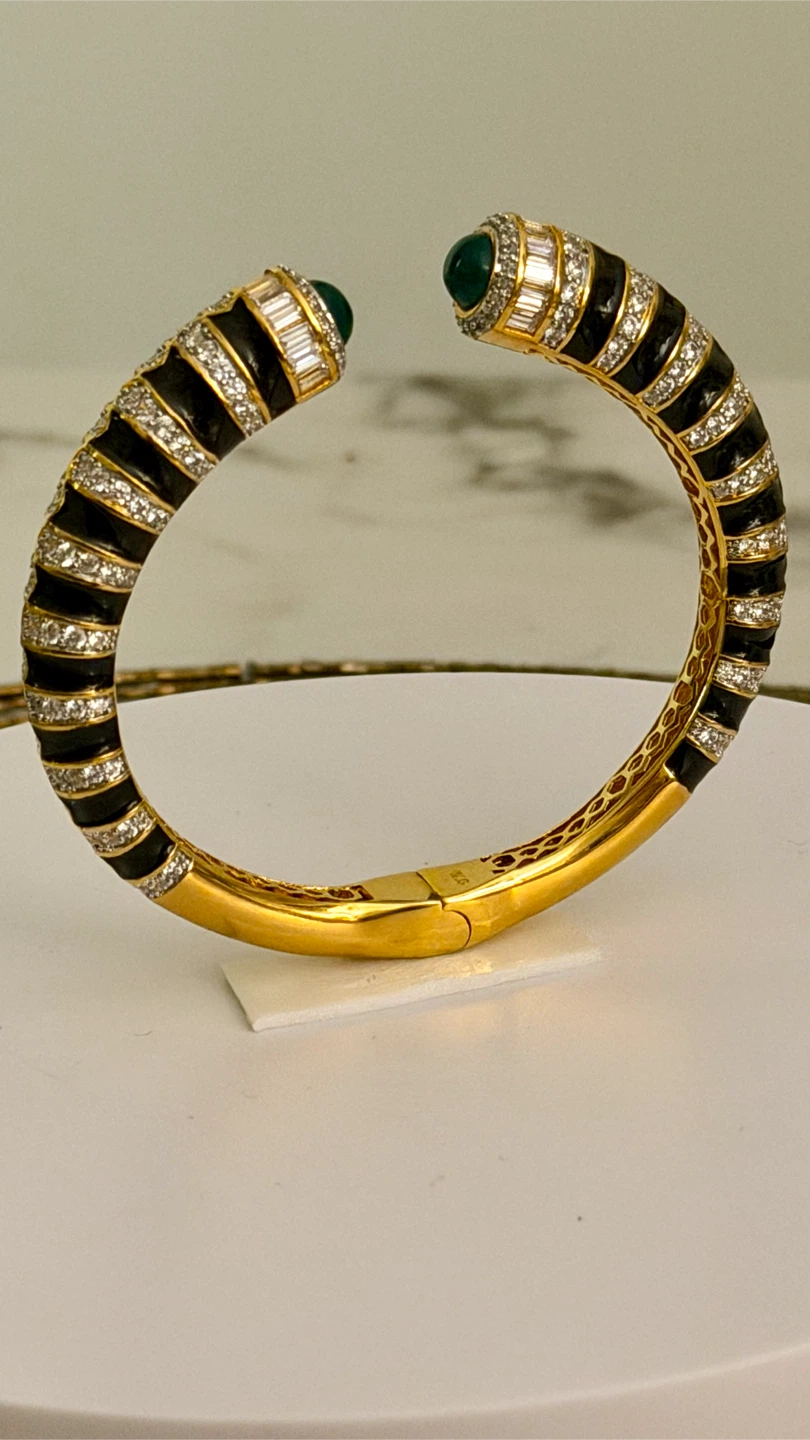 Gold, Emerald with black enamel diamente crystal Bangle Bracelet - photo 2