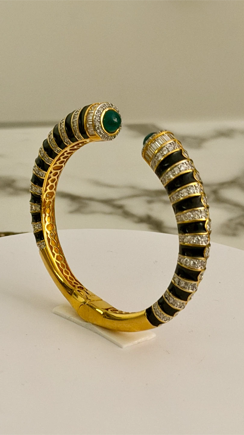 Gold, Emerald with black enamel diamente crystal Bangle Bracelet - photo 3