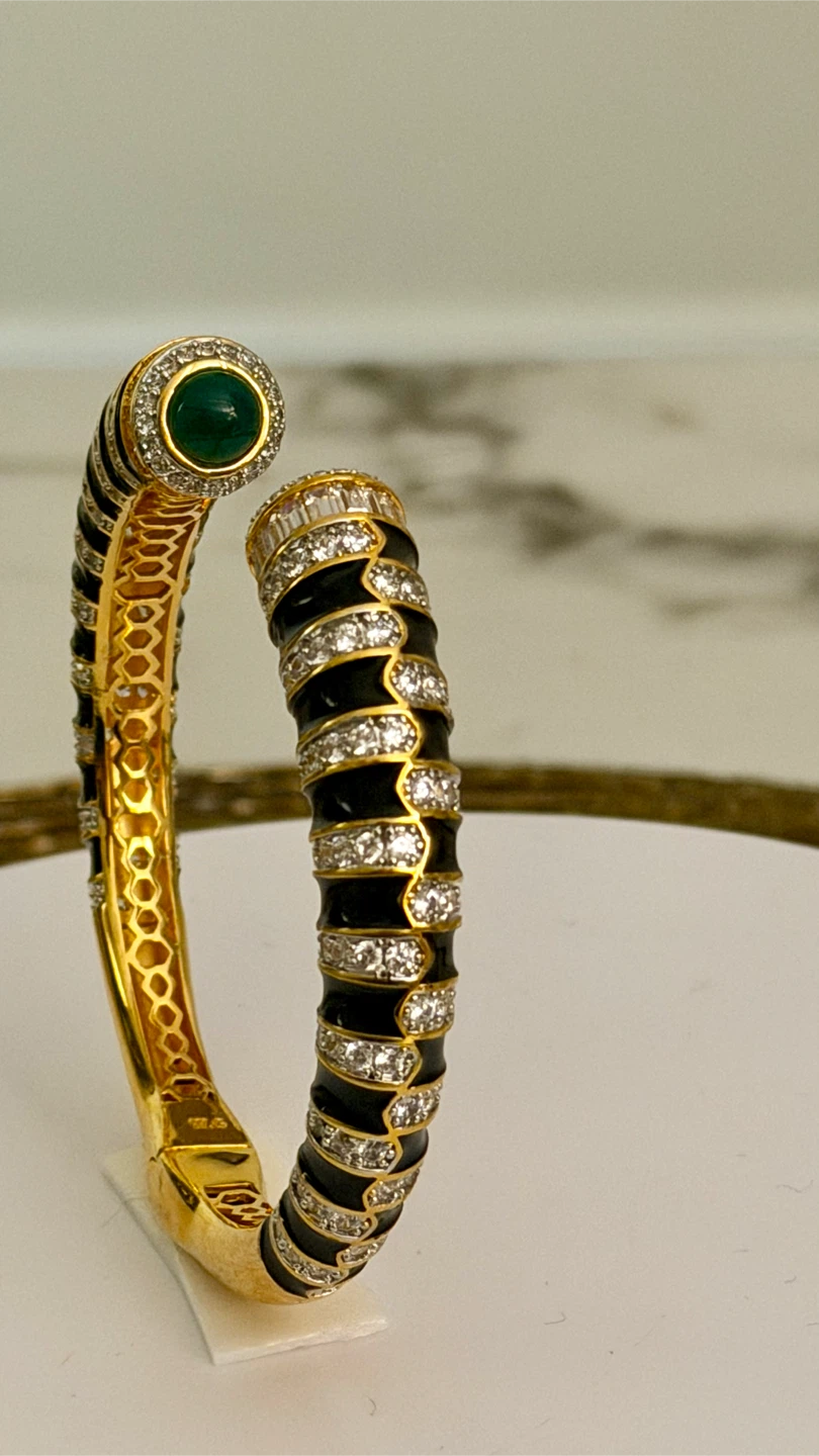 Gold, Emerald with black enamel diamente crystal Bangle Bracelet - photo 4