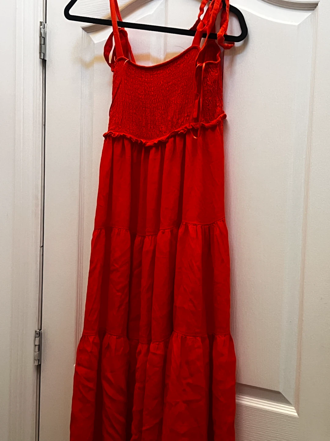 Red tiered maxi dress with smocked bust