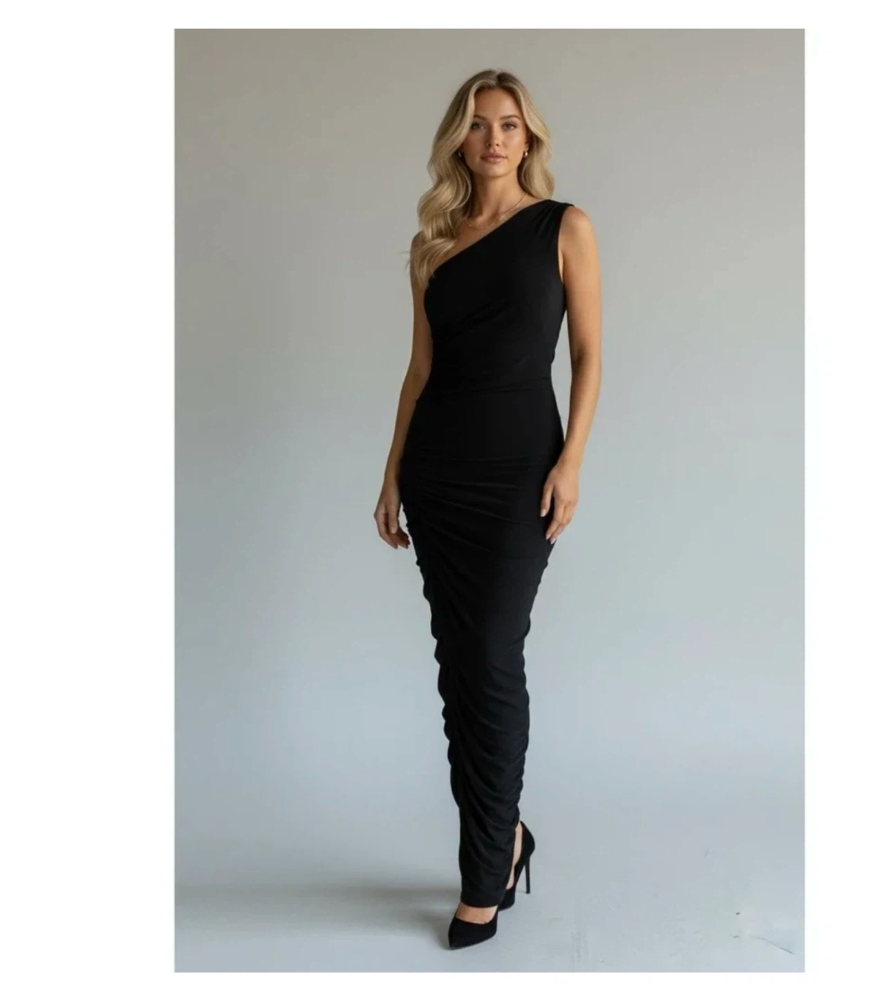 Women's classy Black One-Shoulder Ruched Maxi Dress