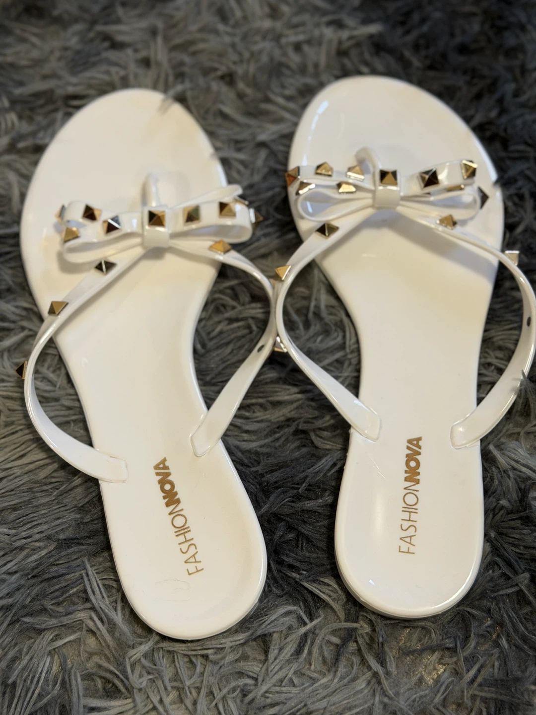 Fashion Nova White Studded Bow Jelly Flip Flops