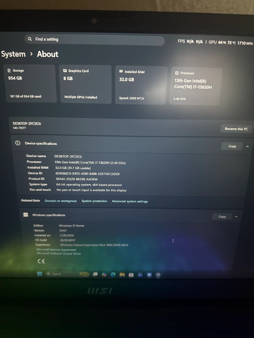 MSI Gaming Laptop - 13th Gen Intel Core i7, 32GB RAM, 954GB SSD