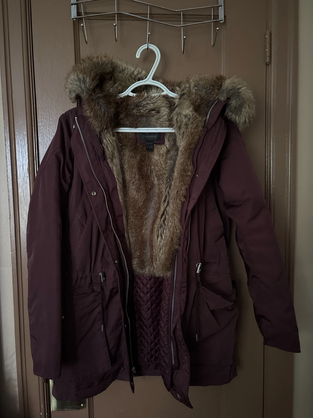 Danier Women's Burgundy Parka with Faux Fur Trim