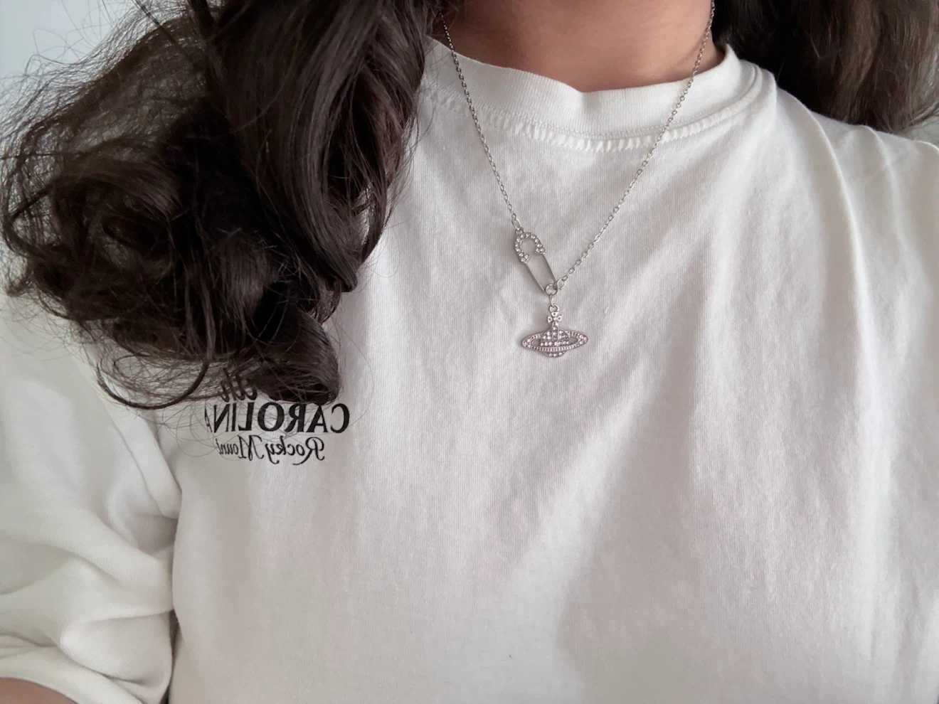 Silver planet pendant necklace with safety pin accent - photo 2