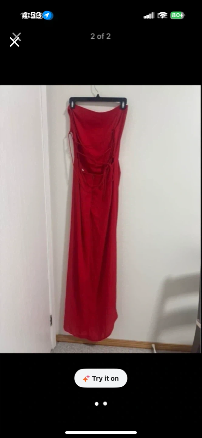 Red Strapless Maxi Dress with Lace-Up Back - photo 2