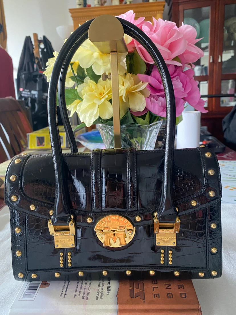 METROPOLITAN ITALY Black Crocodile Embossed Studded Handbag