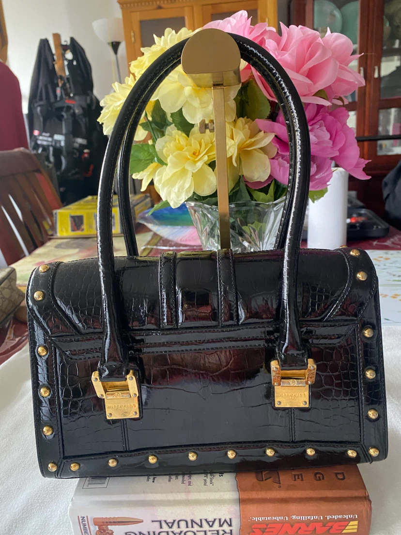 METROPOLITAN ITALY Black Crocodile Embossed Studded Handbag - photo 2