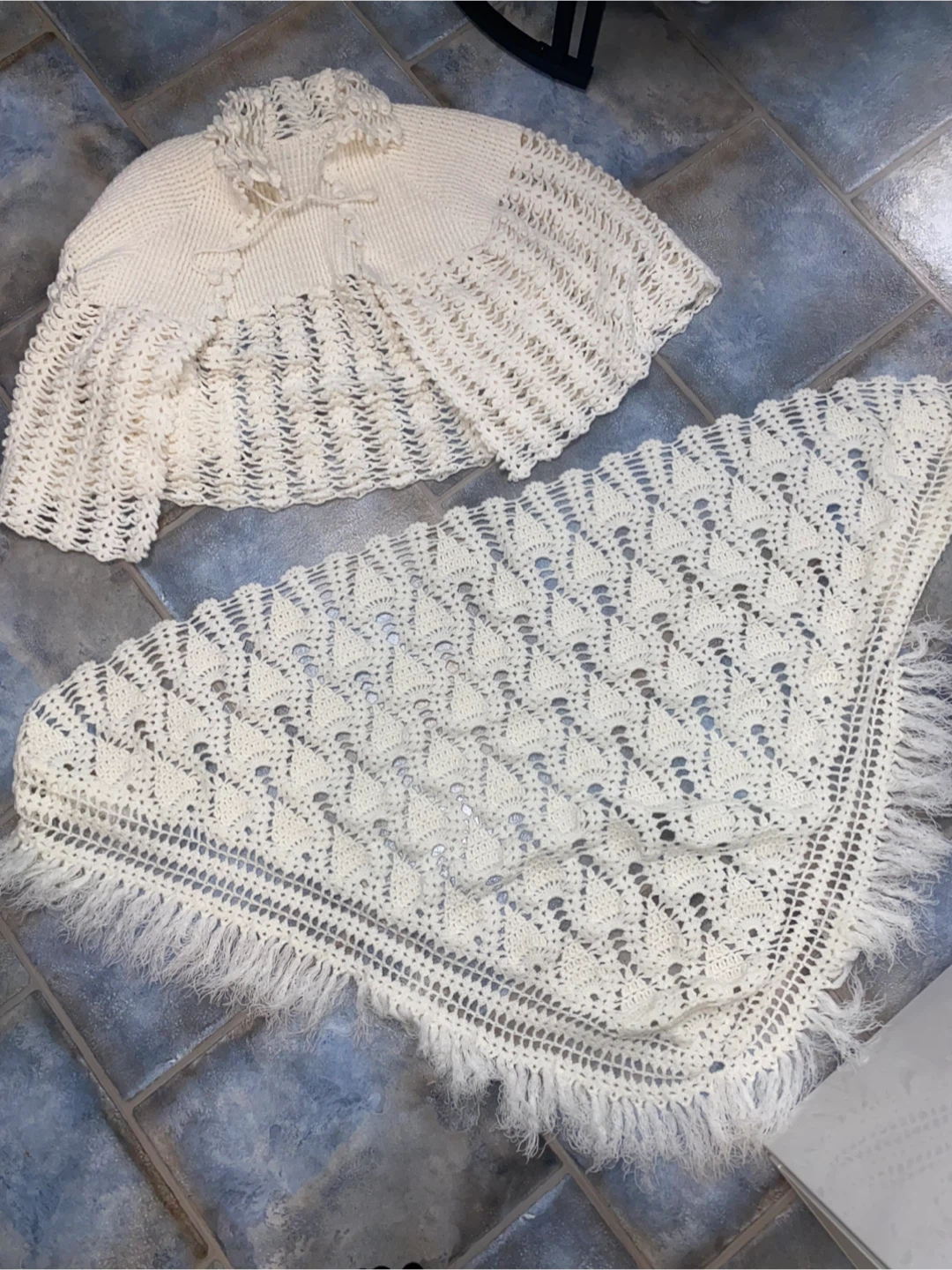 Hand Crocheted Cream Capelet and Shawl Set
