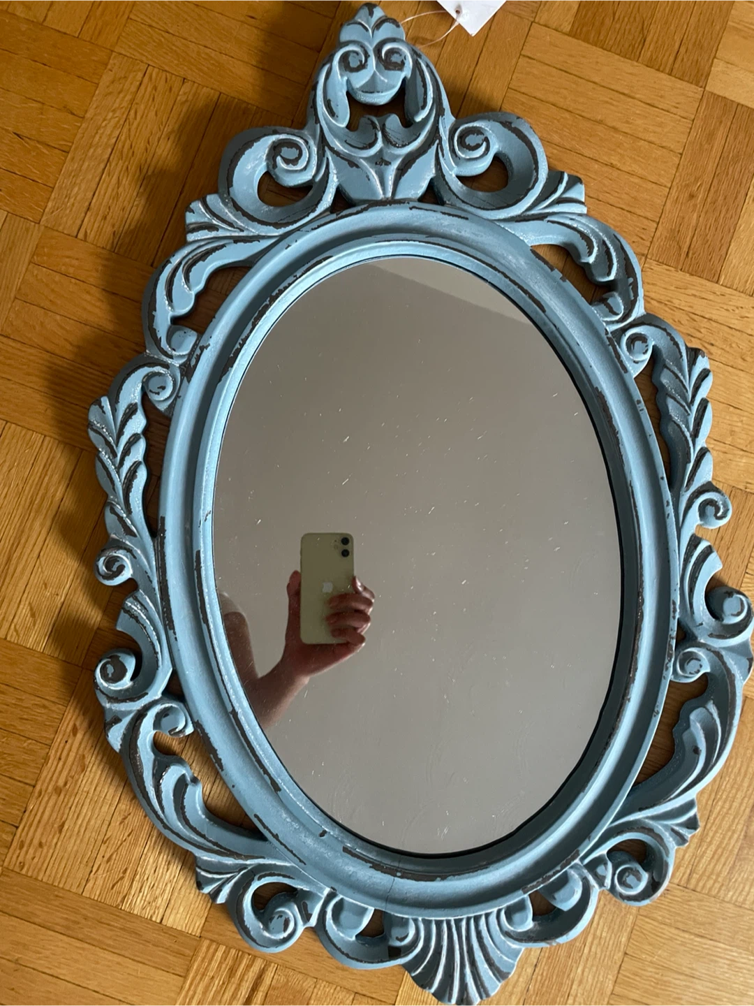 Vintage Decorative Oval Wall Mirror - Blue Distressed Finish