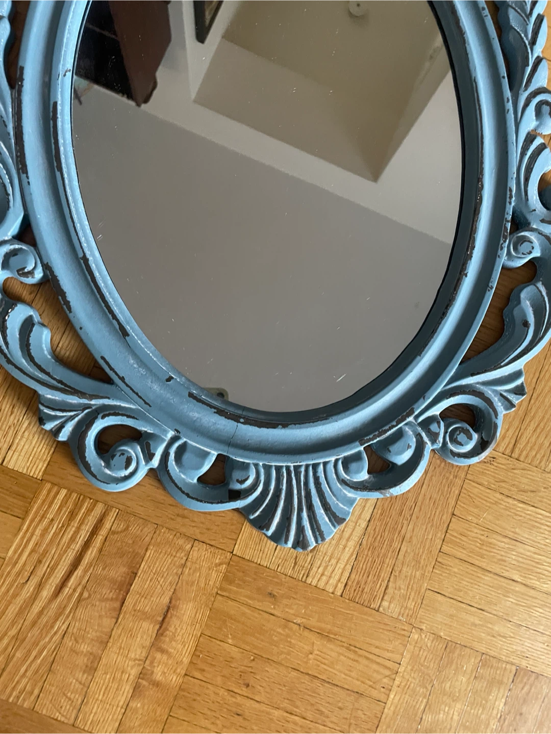 Vintage Decorative Oval Wall Mirror - Blue Distressed Finish - photo 3