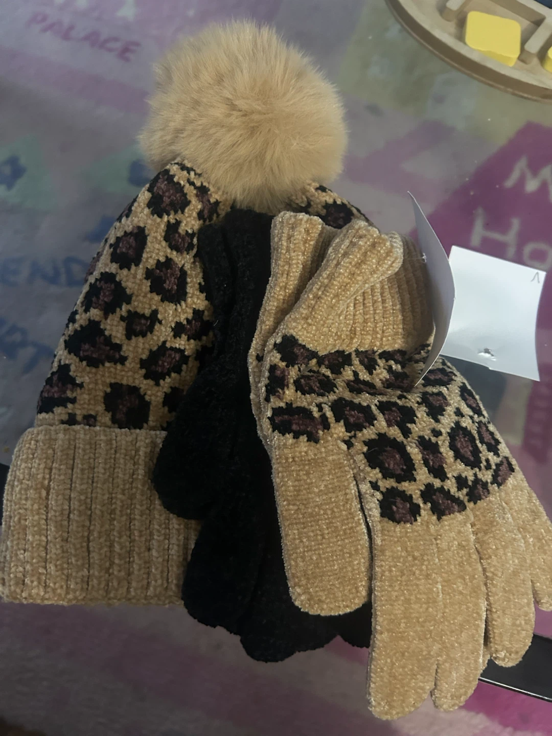 Leopard Print Beanie and Gloves Set