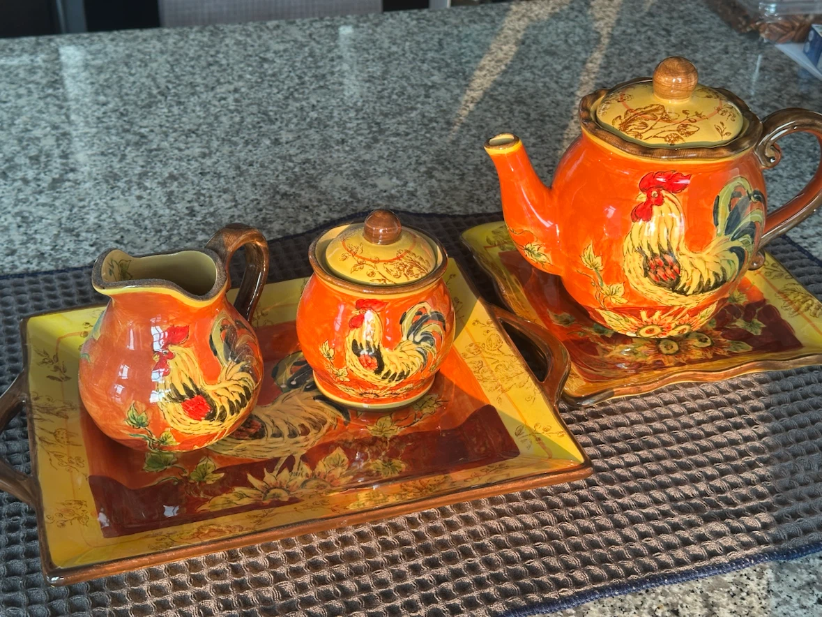 Complete orange rooster tea set