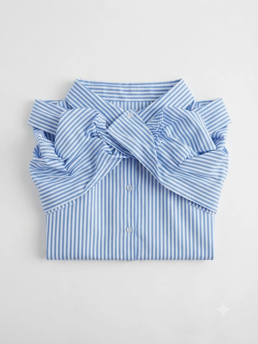 Blue & White Striped Off-the-Shoulder Button- Down.