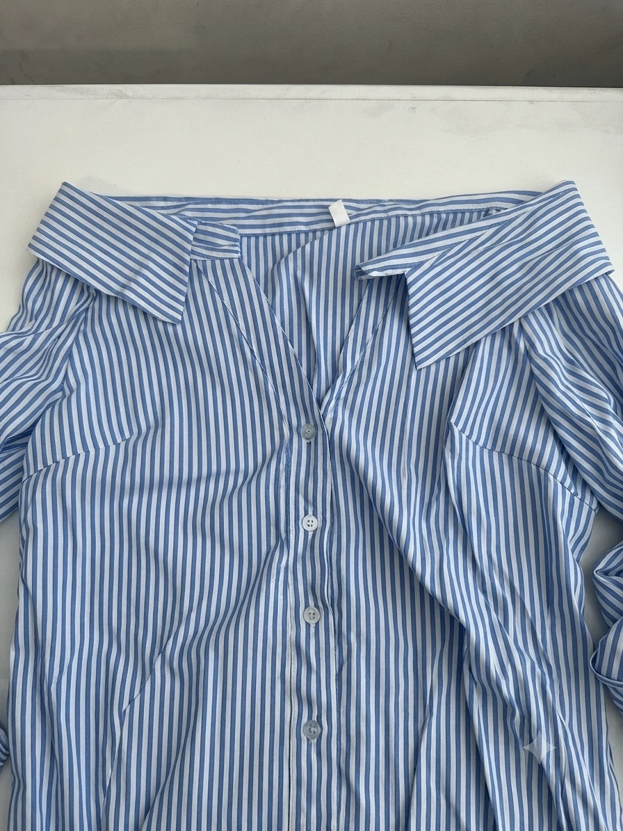 Blue & White Striped Off-the-Shoulder Button- Down. - photo 2