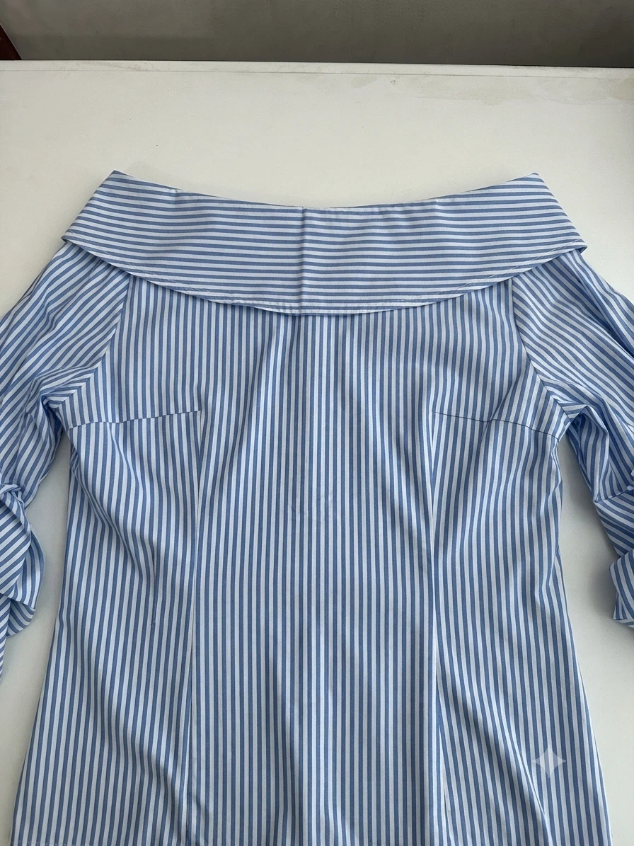 Blue & White Striped Off-the-Shoulder Button- Down. - photo 3