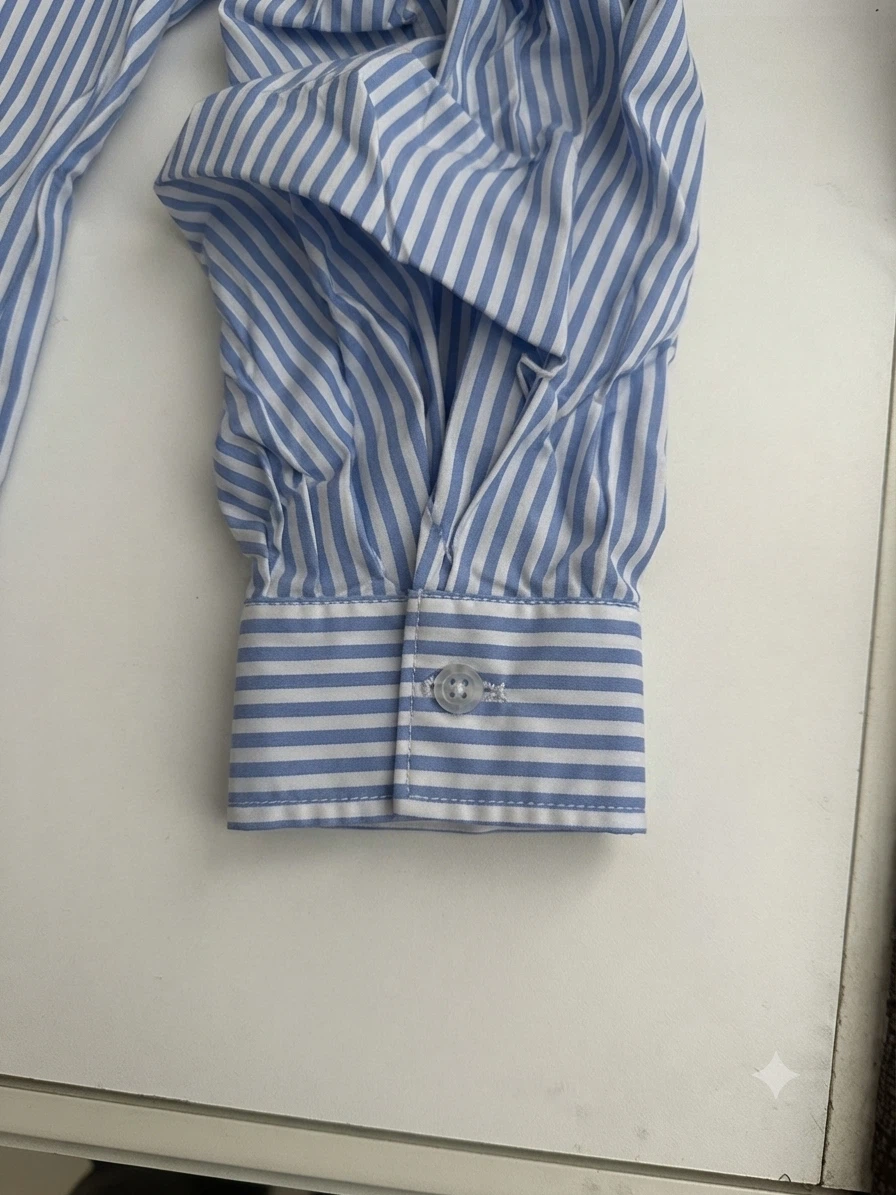 Blue & White Striped Off-the-Shoulder Button- Down. - photo 4