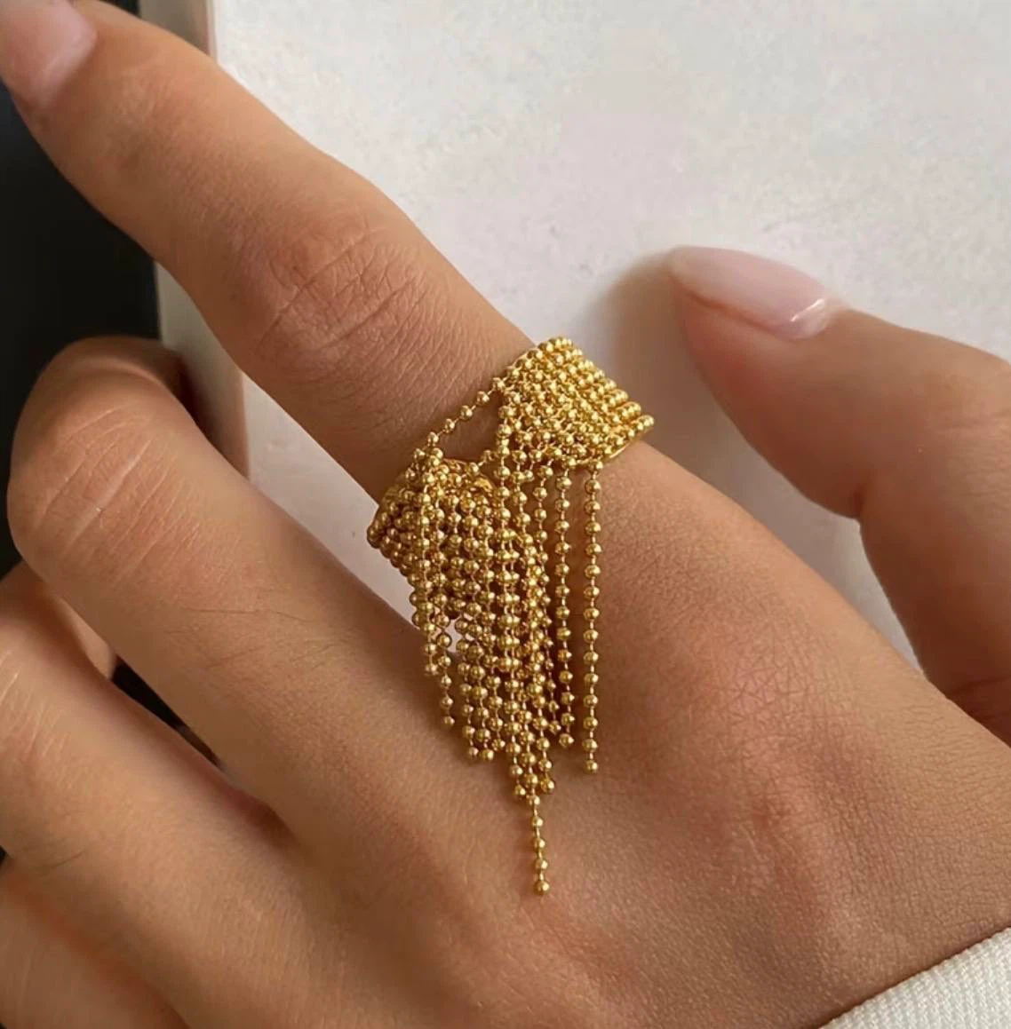 Gold Beaded Fringe Statement Ring