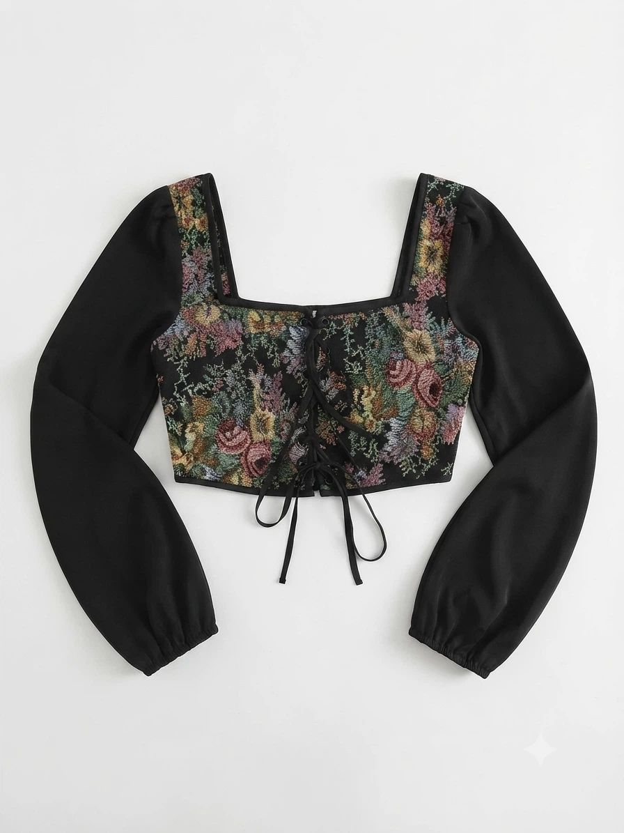 Bundle of 2 Cottagecore Floral & Lace-Up Crop Tops. - photo 2